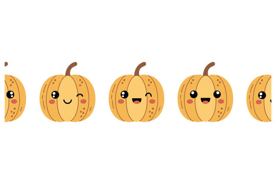 Seamless border pattern of cute kawaii pumpkins with different facial expressions