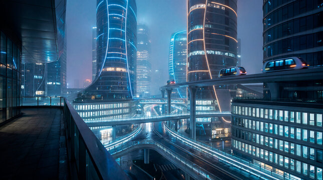 Futuristic illuminated towers and elevated maglev transit in neon night cityscape