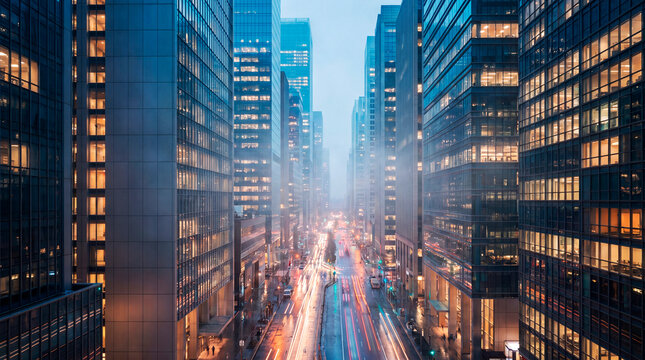 Elegant glass skyscrapers above misty downtown street with light trails at twilight