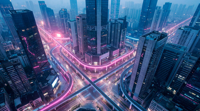 Aerial dusk cityscape with neon light trails on elevated highway interchange