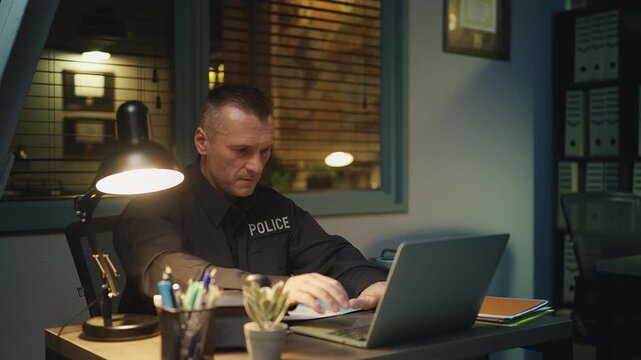 Middle-aged police officer answering work phone call and typing on a laptop