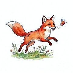 Fototapeta premium Playful red fox with fluffy tail chasing butterfly over grass and wildflowers, isolated on white background for children's designs, nursery decor, and apparel.