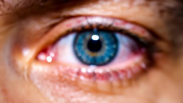 Extreme close-up of a blue eye with visible red veins and irritation.
