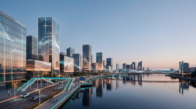 Modern waterfront skyline with digital network overlay at calm blue hour