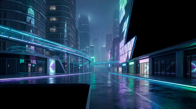 Empty neon wet street in cyberpunk futuristic city at night