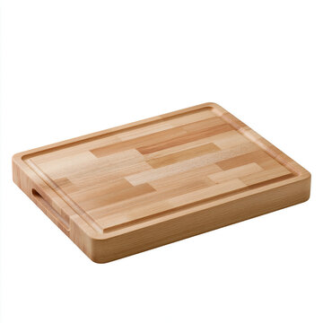 A thick rectangular wooden cutting board with a juice groove and side handles sits on a plain white background