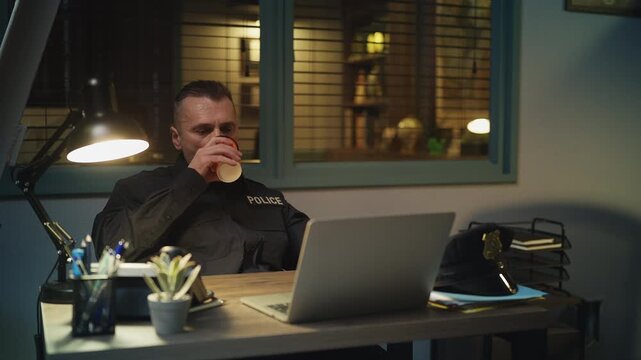 Policeman eating a donut and drinking coffee during a night shift at the station