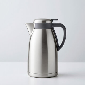 A stainless steel thermal carafe sits on a white table against a soft grey background for coffee or tea service