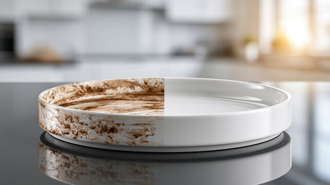 White plate split between heavily soiled and spotless halves, dramatic before and after contrast illustrating cleaning power, hygiene, transformation and household success
