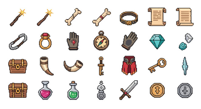 A diverse collection of pixel art icons featuring fantasy RPG items such as weapons, potions, treasures, and magic gear on a plain white background.