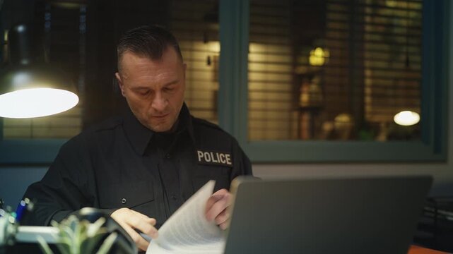 Middle-aged police detective looking through papers and answering a phone call