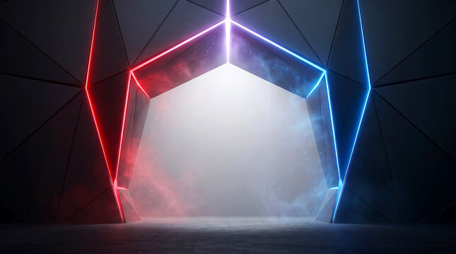 Neon lit pentagonal archway with red and blue lights in a dark room