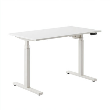 Minimalist white electric standing desk with adjustable height mechanism isolated on white background for ergonomic office space design
