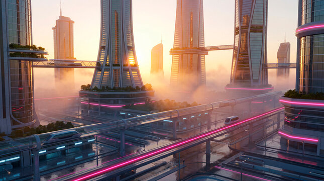 Futuristic metropolis at sunrise with maglev train and sky gardens in golden fog