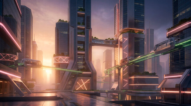 Futuristic city at dusk with monorail pods green light lines and sky bridges