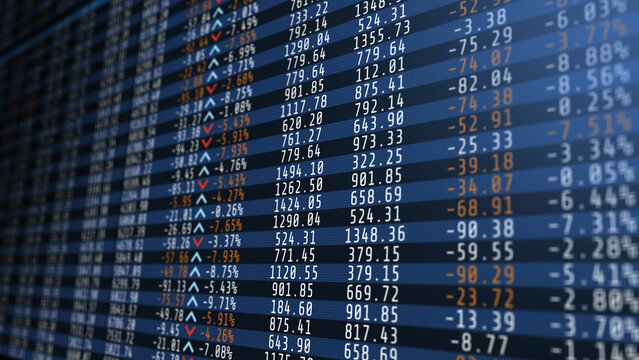 Display stock price table volume value arrow row move numbers of data price moving plus and minus financial stock economy market screen display investment trading real time
