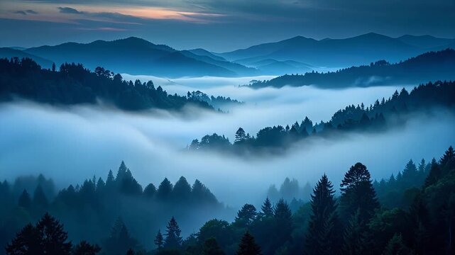 Dark cinematic mist flowing downward in layered motion with a gentle cool glow and smooth atmosphere