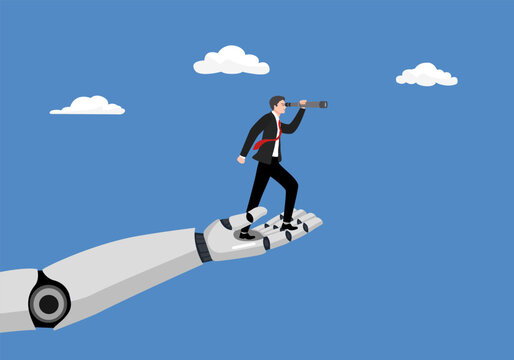 Artificial Intelligence help business success, future of AI working with humanity, robot automation or innovation support. AI. Robot hand holding businessman to see opportunity. Vector