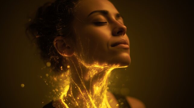 Woman practicing slow breath with glowing vagus nerve visualization, serene face, closed eye, illuminated neck and nerve pathway representing relaxation and vagal activation.