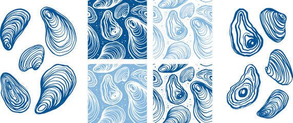 Naklejka na ściany i meble Hand drawn vector line art elements and seamless patterns featuring fresh seafood oysters and clams