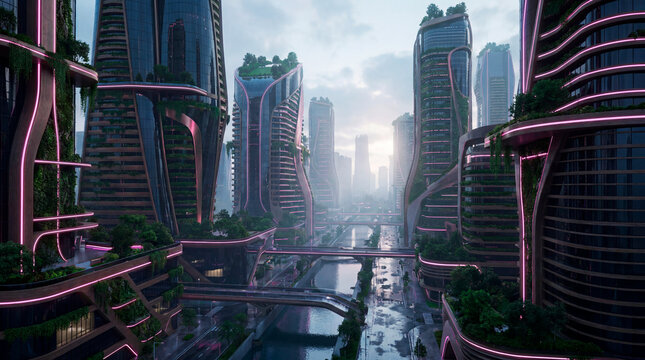  Futuristic green city canyon with neon towers and canal at hazy sunrise