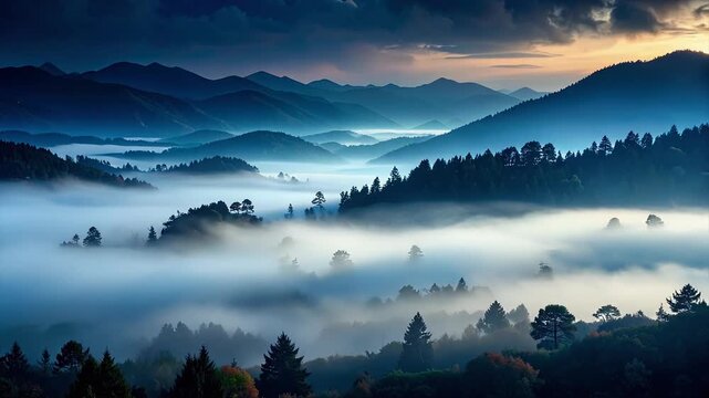 Cool shadow fog descending through a smooth dark atmospheric backdrop with gentle luminous depth
