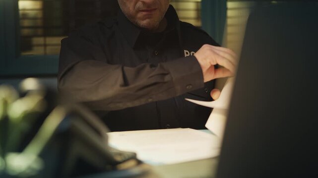 Policeman reviewing criminal case documents while answering a phone call