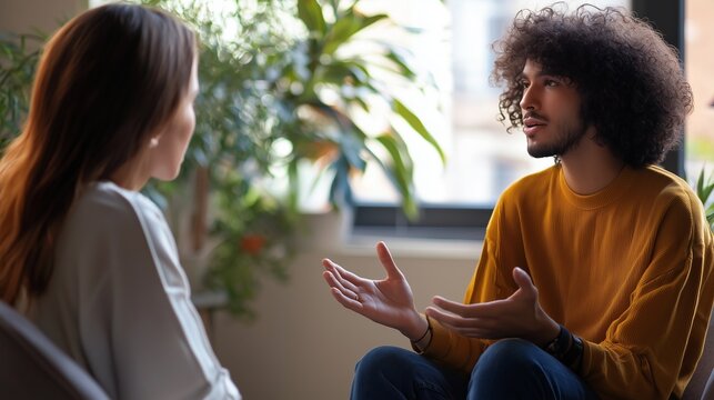 Two people engaged in supportive conversation, showing active listening, open gesture, indoor plant, window light, warm tone, empathetic exchange.