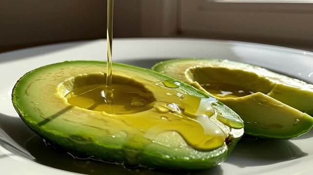 Olive oil pouring into a halved avocado on a white plate.