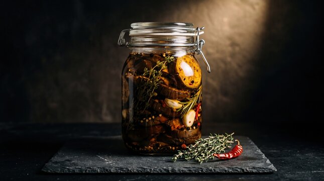 A glass jar filled with pickled vegetables, including carrots and herbs, placed on a dark slate surface. The background is softly lit, enhancing the jar's contents.