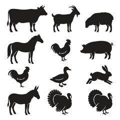 Obraz premium Farm livestock and poultry silhouette icons with livestock, silhouettes