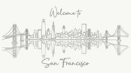 Naklejka premium San Francisco Skyline Illustration: Bridge, Cityscape, Reflection on Cream