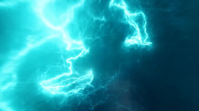 Slow motion zoom of electric plasma bolts pulsing and swirling across deep nebula in outer space with glowing cyan energy arcs and crackling particle trails