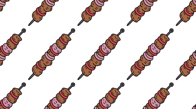 Seamless Shish Kebab Pattern Vector Background with Grilled Meat and Vegetable Skewers for Barbecue Menus and Wrapping Paper Fabric Designs