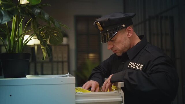 Male police detective searching for clues while reading confidential files