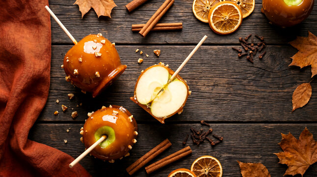 Candy apples on a wooden table with autumnal decorations and spices around