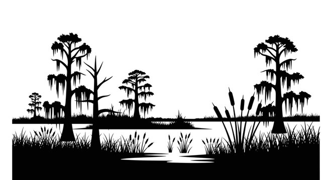 Black and white swamp landscape with trees and water.
