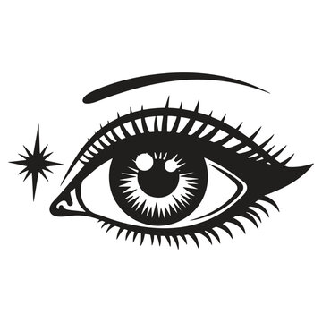 Stylized human eye with thick eyelashes and eyebrow and star shape on isolated on transparent background