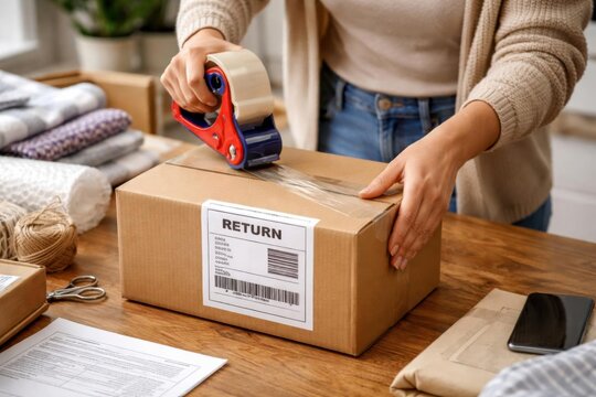 Cliente preparando un env&iacute;o de devoluci&oacute;n con caja, cinta adhesiva y etiqueta de papel