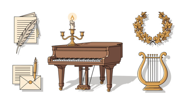 Piano and musical instruments.