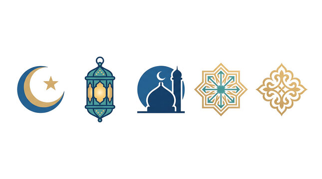 Islamic Background Icons Featuring Moon, Lantern, Mosque, and Patterns