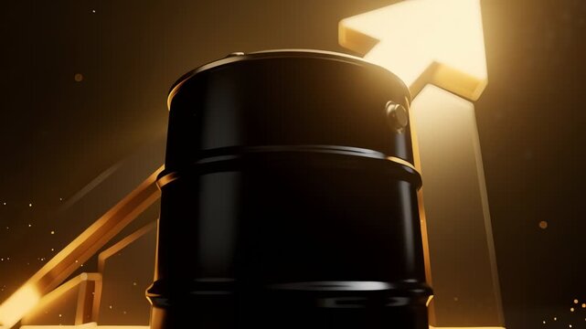 Glossy Black Crude Oil Barrels With Upward Arrow Symbolizing Oil Price Surge And Commodity Market Rally