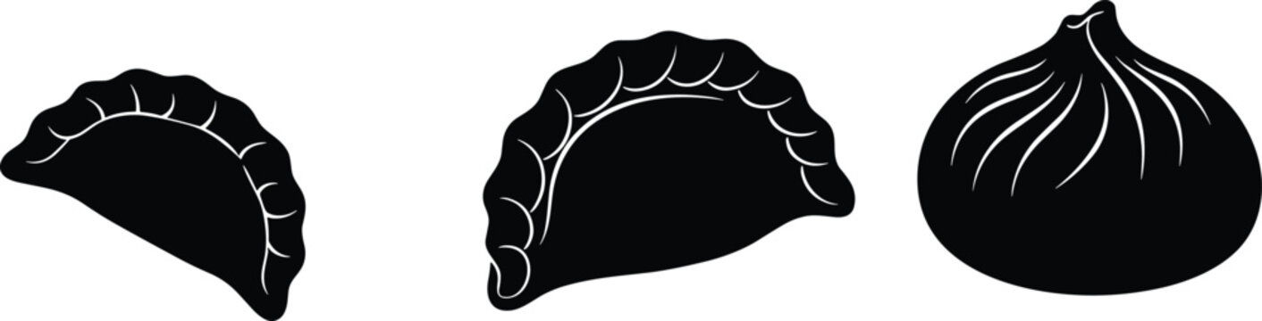 Dumpling dim sum gyoza and khinkali solid silhouette vector illustration set with various traditional Asian food icons for restaurant menu design.