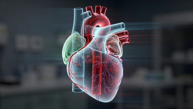 Volumetric x-ray hologram human heart with layered transparent sections showing atrium and ventricle, 3D rendered ultra-realistic medical anatomy with glowing internal boundaries