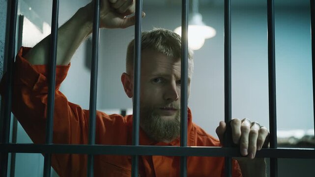Portrait of an upset male inmate looking through prison cell bars with regret