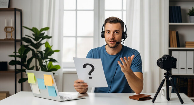 Online educator with headset explains concept during virtual lesson