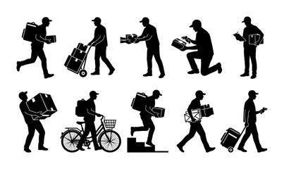 Obraz premium Collection of Delivery Courier Service Silhouettes Showing Professional Workers Carrying Packages and Shipping Logistics Icons