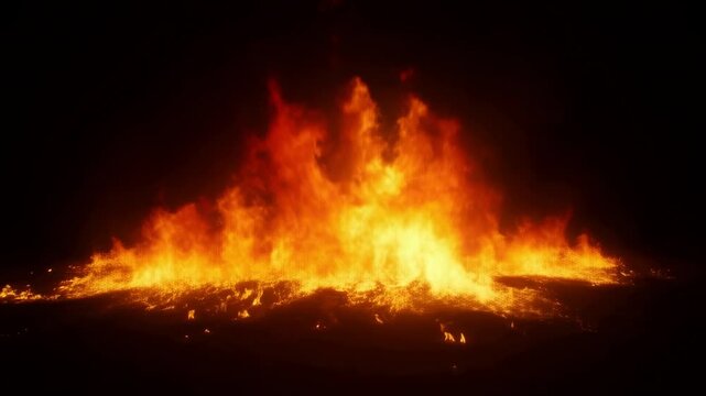 Intense rising flames dance in slow motion against dark backdrop