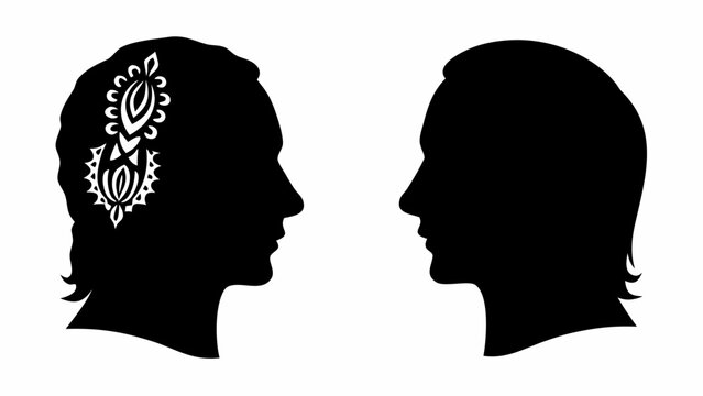 Silhouettes of two people with henna design on one head