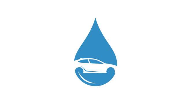 A blue water drop icon featuring a simple car silhouette inside the shape